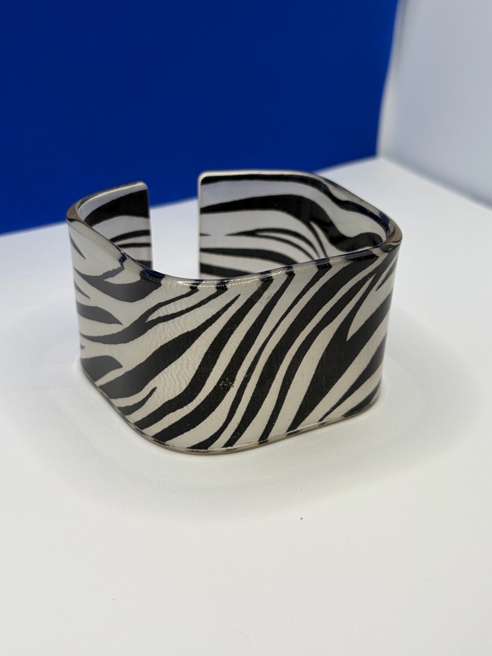 Zebra Print Wide Cuff Bracelet Black White Statement Bangle Acrylic Resin